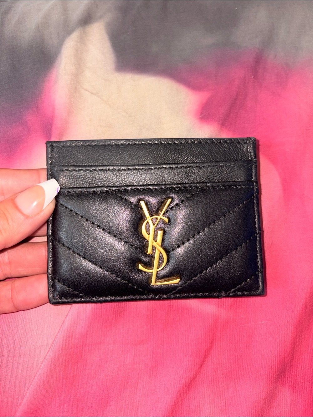Saint Laurent Black Quilted Leather Card Case with Gold YSL Logoo